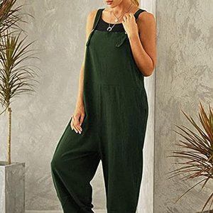 NEW Shebote Womens Sleeveless Linen Bib Overalls Jumpsuit Size XXL Olive Green